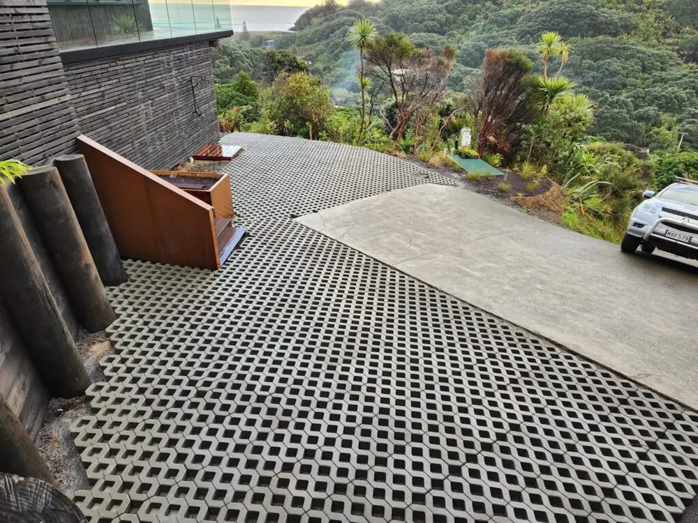 After: Driveway excavation and grass paver installation in Piha, West Auckland