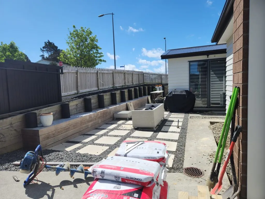 Before: Pergola over a paved patio in Swanson, West Auckland
