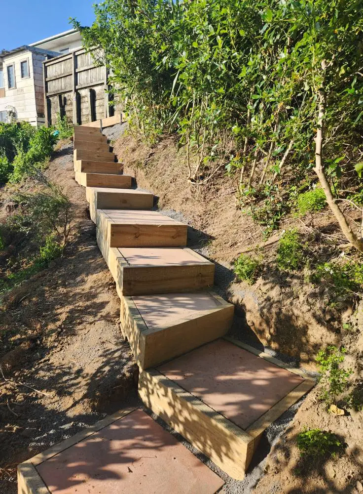 After: Timber steps and terracotta paving in Titirangi, West Auckland